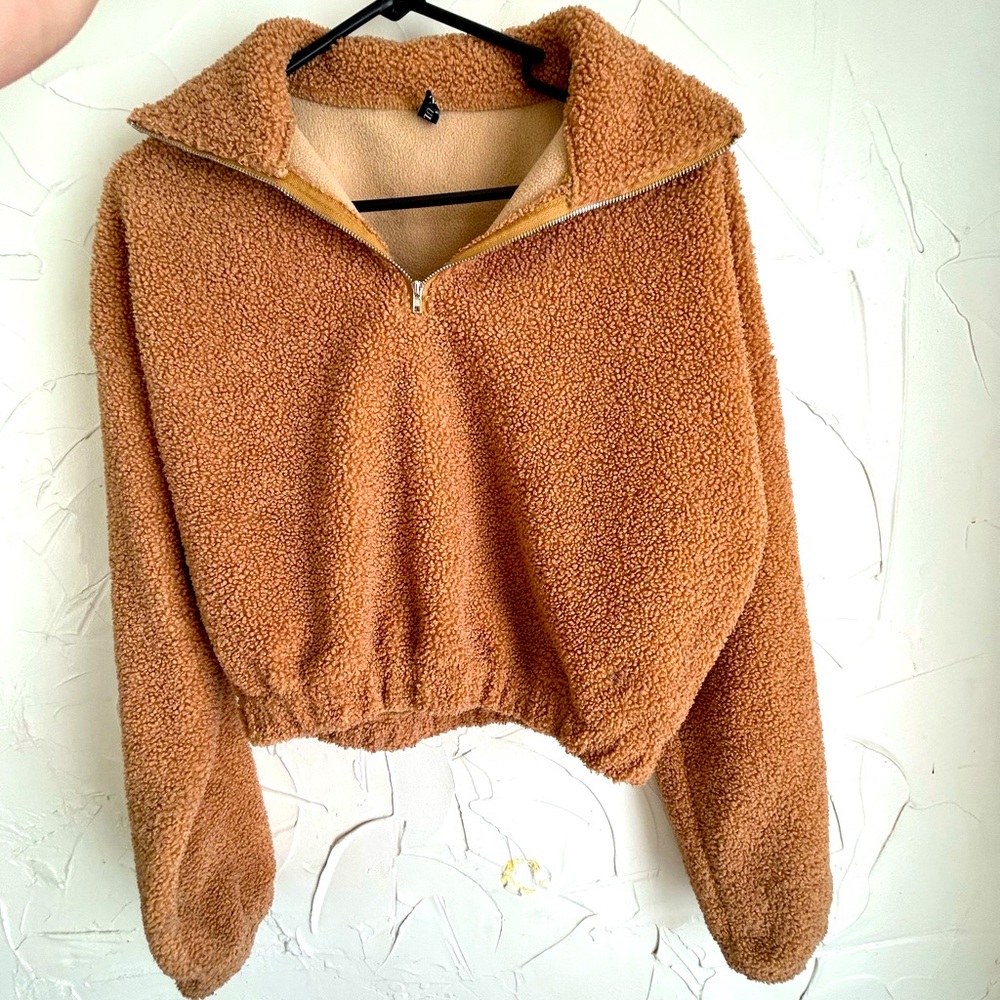 US 4, ZAFUL Tan Cropped Fluffy Teddy Sweater Jacket With Zipup Neck